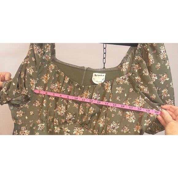 Arula Floral Cottagecore Dress Puff Sleeve Milkmaid Tie Front Green 1X estimated - Picture 9 of 11